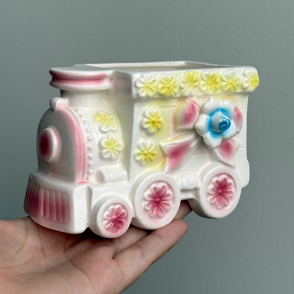 Vintage 60s Napco Porcelain Plant Pot Nursery Decor Train Japan